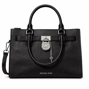 Michael Kors Black Leather Satchel with Silver Hardware and MK Charm